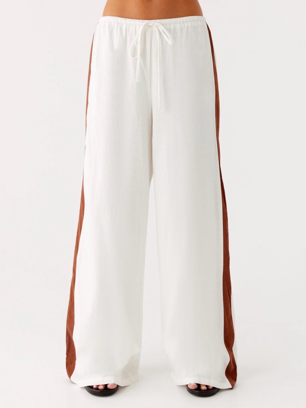 Peppermayo White Wide-Leg Drawstring Pants with Brown Side Stripe - Picture 4 of 4